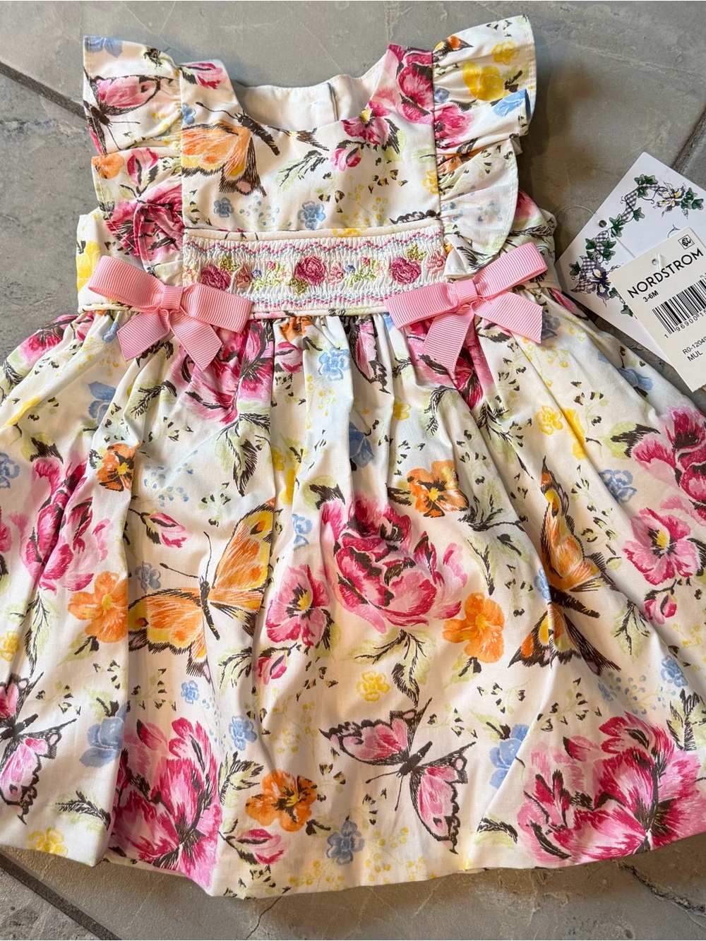 Iris & Ivy White Floral and Butterfly Dress with Pink Bows